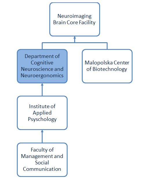 The picture shows a graph with our structure. Our department is a unit within the Institute of Applied Psychology, which is a part of the Faculty of Management and Social Communication of the Jagiellonian University. Our department closely works with researchers from the Malopolska Center of Biotechnology. The effect of this collaboration is a team of researchers working together at the Neuroimaging Brain Core Facility. 